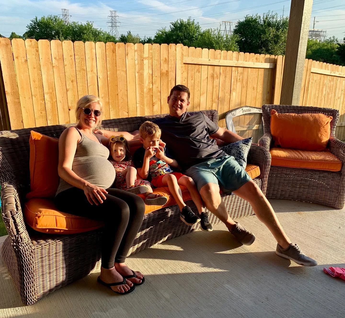 The family, settled onto a patio in Texas.
